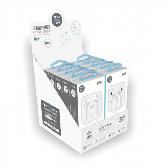 Expositor de Auriculares Tech One Tech earTECH TEC1203 con Micrófono Lightning Incluye 10 Auriculares Blancos