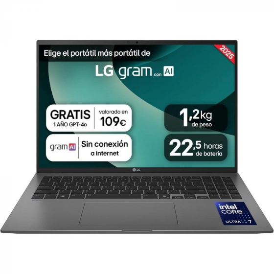 Portátil LG Gram 16ZD90T-G.AX78B Intel Core Ultra 7-255H 16GB 1TB SSD 16' Sin Sistema Operativo