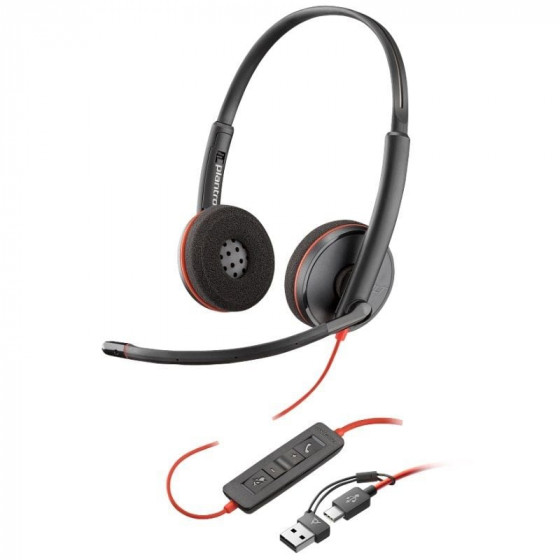 Auriculares Poly Blackwire 3220 + Adaptador USB-CA con Micrófono USB Tipo-C Bulk Negros