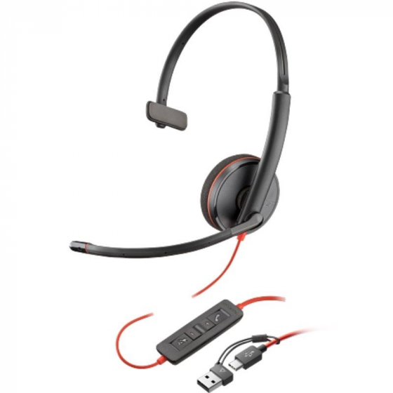 Auricular Poly Blackwire 3210 + Adaptador USB-CA con Micrófono USB Tipo-C Bulk Negro