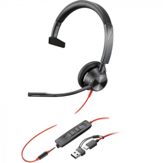 Auricular Poly Blackwire 3315 para Microsoft Teams + Adaptador USB-CA con Micrófono Jack 3.5 Negro