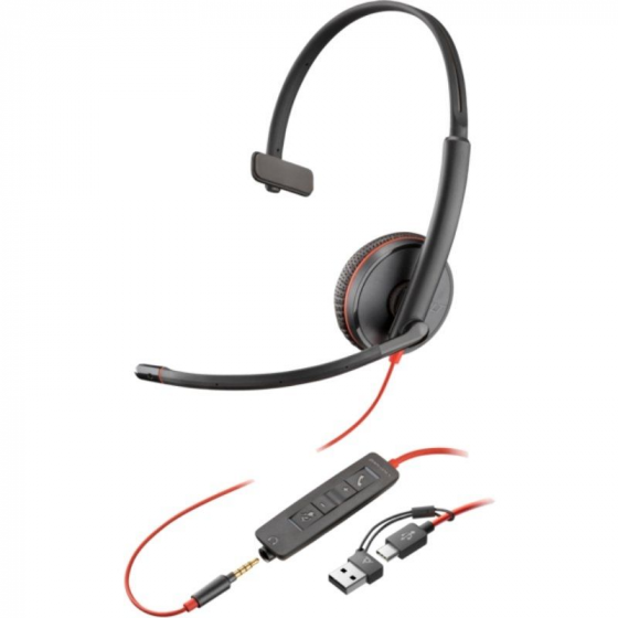Auricular Poly Blackwire 3215 + 3.5mm + Adaptador USB-CA con Micrófono Jack 3.5 - USB Tipo-C Bulk Negro