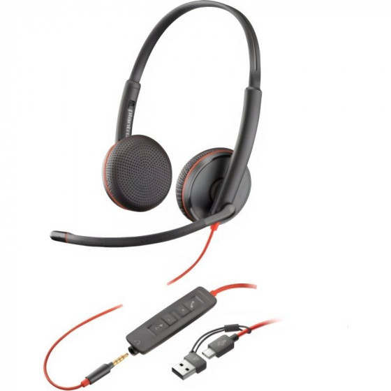 Auriculares Poly Blackwire 3225 + 3.5 mm + Adaptador USB-CA con Micrófono Jack 3.5 - USB Tipo-C Bulk Negros