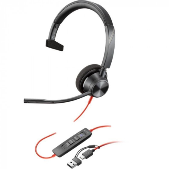 Auricular Poly Blackwire 3310 para Microsoft Teams + Adaptador USB-CA con Micrófono USB Tipo-C Negro