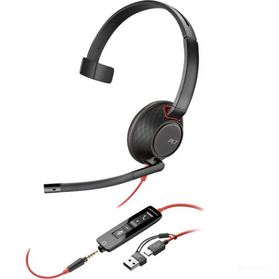 Auricular Poly Blackwire 5210 + 3.5 mm + Adaptador USB-CA con Micrófono Jack 3.5 - USB Tipo-C Jack 3.5 - USB Tipo-C Bulk Negros
