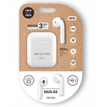 Auriculares Bluetooth Tech One Tech SIUX.02 TEC1402 con estuche de carga Autonomía 6h Blancos