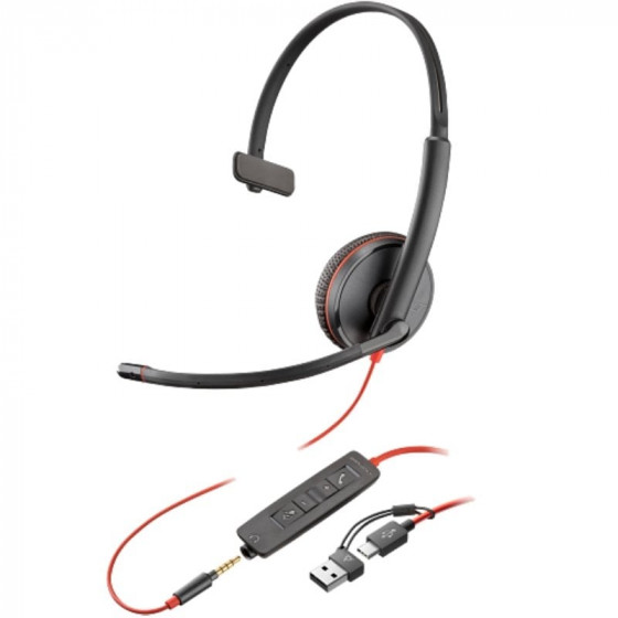 Auricular Poly Blackwire 3215 + Adaptador USB-CA con Micrófono Jack 3.5mm Negro