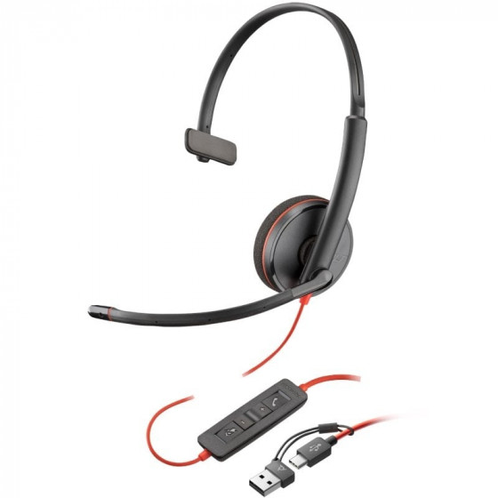 Auricular Poly Blackwire 3210 + Adaptador USB-CA con Micrófono USB Tipo-C Negro