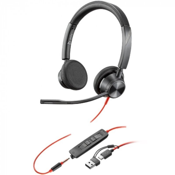 Auriculares Poly Blackwire 3325 + Adaptador USB-CA con Micrófono Jack 3.5mm Negro