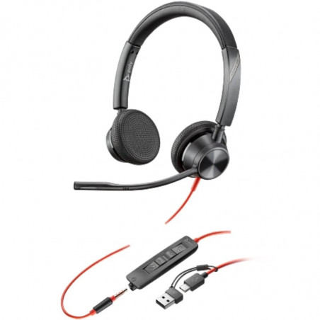 Auriculares Poly Blackwire 3325 + Adaptador USB-CA con Micrófono Jack 3.5mm Negro