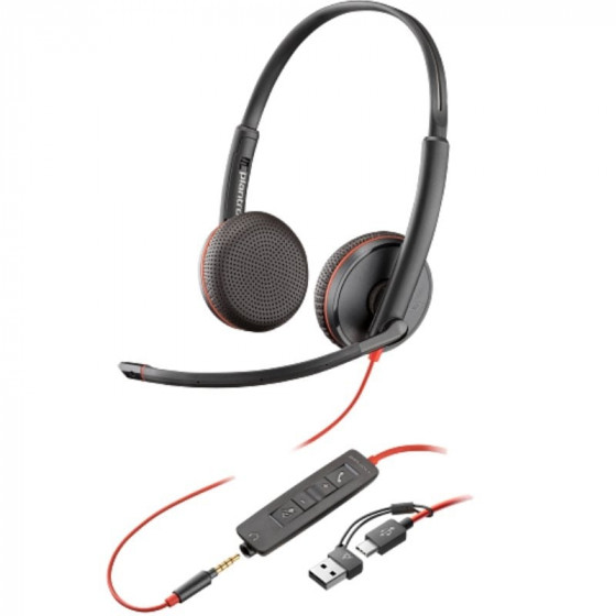 Auriculares Poly Blackwire 3225 + Adaptador USB-CA con Micrófono Jack 3.5mm Negro